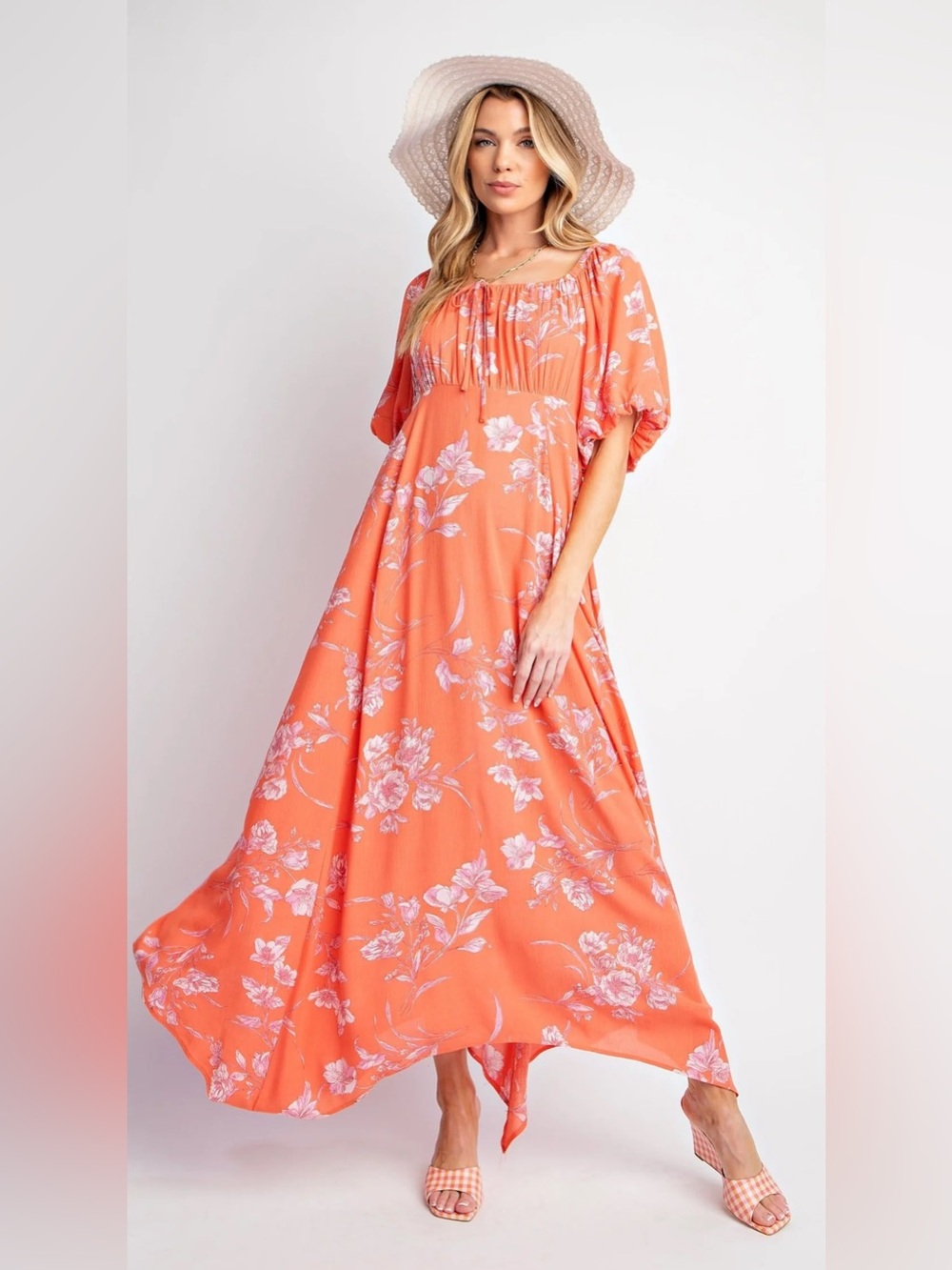 🆕 Easel Orange Floral Puff Sleeve Maxi Dress NWT SZ LG